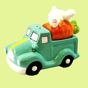 Easter Bunny Salt & Pepper Set Ceramic Old Pickup Truck Rabbit Carrot Shakers